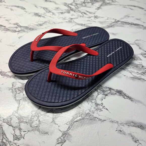 Tommy Hilfiger Size 11 Red Blue Logo Lightweight Flip Flops - Picture 1 of 6